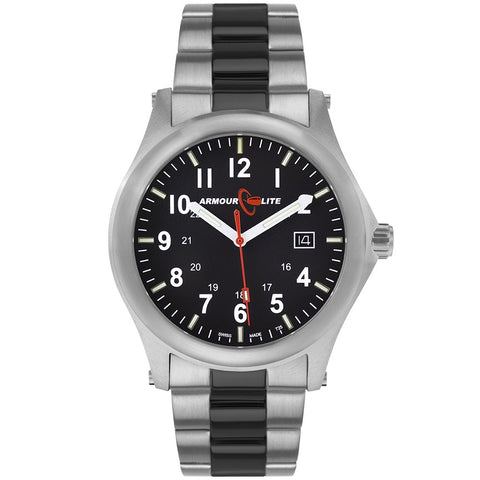 ArmourLite AL101-BLK - Stainless Steel Tritium Field Watch, Shatterproof Armourglass, 100M WR, Black Dial, Steel Bracelet