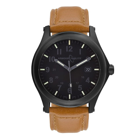 ArmourLite AL125 - Black Steel Tritium Field Watch, Shatterproof Armourglass, 100M WR, Black Dial, Tan Leather Strap
