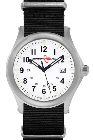 ArmourLite AL146 - RAILROAD Watch, Shatterproof Armourglass, 100M WR, Black Dial, Black Nylon Strap