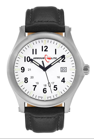 ArmourLite AL116 - RAILROAD Watch, Shatterproof Armourglass, 100M WR, Black Dial, Black Leather Strap