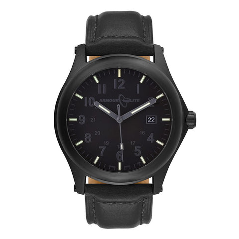 ArmourLite AL115 - Black Steel Tritium Field Watch, Shatterproof Armourglass, 100M WR, Black Dial, Black Leather Strap