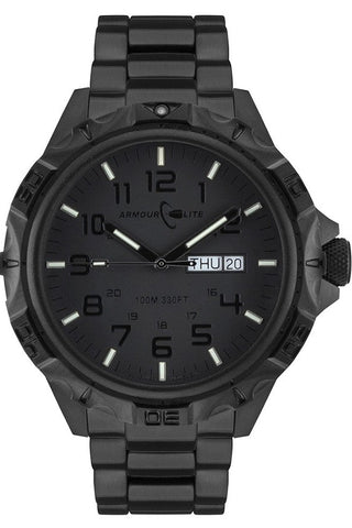ArmourLite AL1404 - Stainless Steel Tritium Military Watch, Shatterproof Armourglass, 100M WR, Black Dial, Black Steel Bracelet