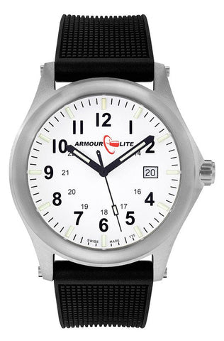 ArmourLite AL136 - RAILROAD Watch, Shatterproof Armourglass, 100M WR, Black Dial, Black PU Dive Strap