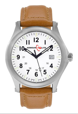 ArmourLite AL126 - RAILROAD Watch, Shatterproof Armourglass, 100M WR, Black Dial, Tan Leather Strap