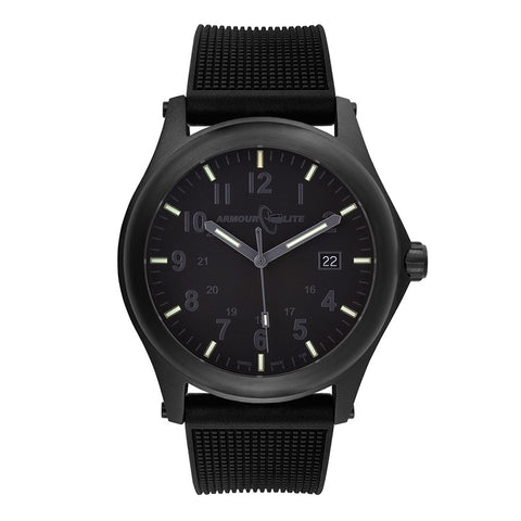 ArmourLite AL135 - Black Steel Tritium Field Watch, Shatterproof Armourglass, 100M WR, Black Dial, Black PU Dive Strap