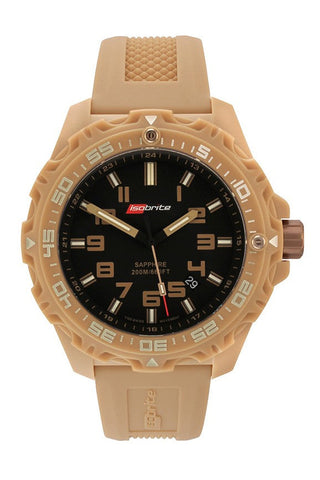 Isobrite ISO304 - Tritium T100 Military Watch, Shatterproof Armourglass, 200M WR, Desert Tan Dial and Silicone Band
