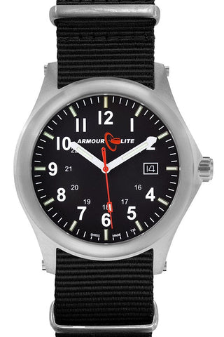 ArmourLite AL141 - Stainless Steel Tritium Field Watch, Shatterproof Armourglass, 100M WR, Black Dial, Black Nylon Strap