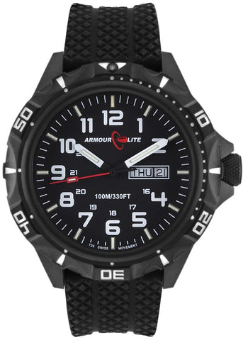 ArmourLite AL1412 - Stainless Steel Tritium Military Watch, Shatterproof Armourglass, 100M WR, Black Dial, Black Rubber Strap