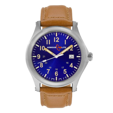 ArmourLite AL123 - Stainless Steel Tritium Field Watch, Shatterproof Armourglass, 100M WR, Blue Dial, Tan Leather Strap