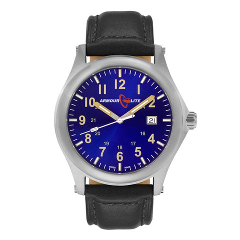 ArmourLite AL113 - Stainless Steel Tritium Field Watch, Shatterproof Armourglass, 100M WR, Blue Dial, Black Leather Strap