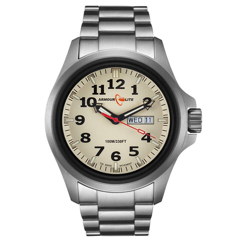 ArmourLite AL815 - Stainless Steel Tritium Military Watch, Shatterproof Armourglass, 100M WR, Creme Dial, Steel Bracelet
