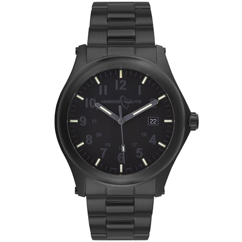 ArmourLite AL105 - Black Steel Tritium Field Watch, Shatterproof Armourglass, 100M WR, Black Dial, Steel Bracelet
