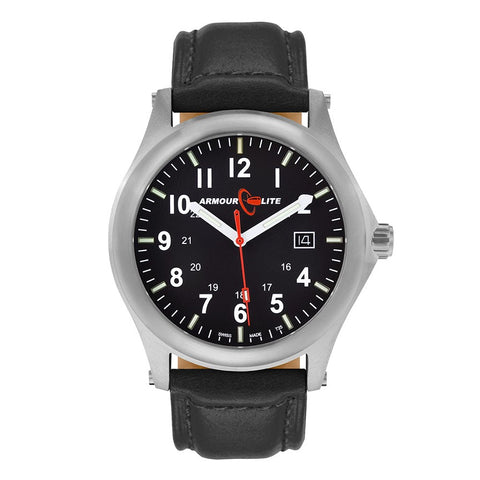 ArmourLite AL111 - Stainless Steel Tritium Field Watch, Shatterproof Armourglass, 100M WR, Black Dial, Black Leather Strap
