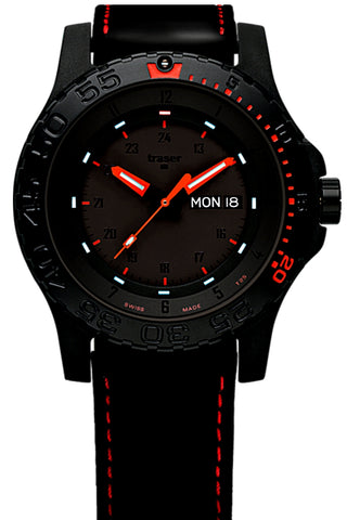 Traser Red Combat P66 Tritium Military Watch, Sapphire Crystal, Red Stitched Rubber Strap, Model 105503