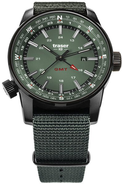 traser® P68 Pathfinder GMT Tritium Watch, Dual Time, Green Dial