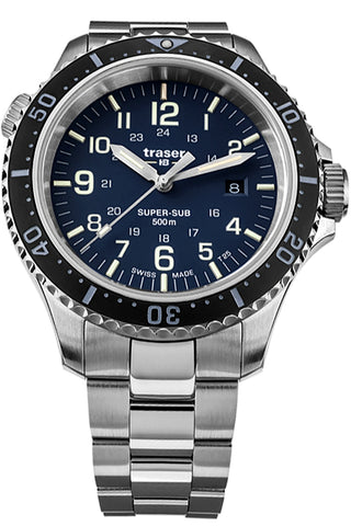Traser P67 Super-Sub 500 Meter TRITIUM and Super-Luminova Dive Watch, Blue Dial, Steel Bracelet 109375