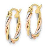 10k Gold TriColor Twisted Triple Hoop Earrings, Medium 2/3rd inch or 16mm Diameter