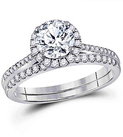 One Carat Diamond Solitaire in a Classic Halo Wedding Set, 3/8 ctw, 14k White Gold