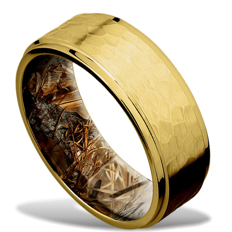Hammered 14k Gold Wedding Ring with a King's Field Camo Sleeve by Lashbrook
