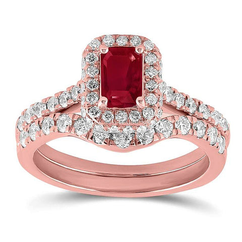 Ruby and Diamond Bridal Set in 14k Rose Gold, 1 3/8 carat total gem weight