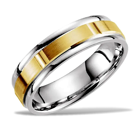 14k Two-Tone Gold Grooved Wedding Band - 6mm width