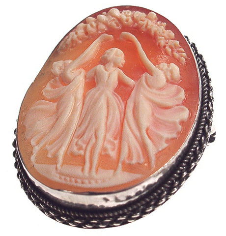 Three Graces Hand Carved Shell Cameo, Sterling Silver Antique Style Brooch-Pendant