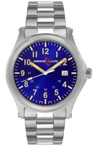 ArmourLite Field Tritium Watch, AL103 Blue Dial, Shatterproof Armourglass, Steel Bracelet