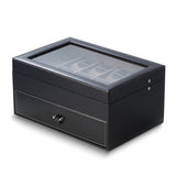20 Watch Storage Case, Black Leather with Glass Lid and Drawer
