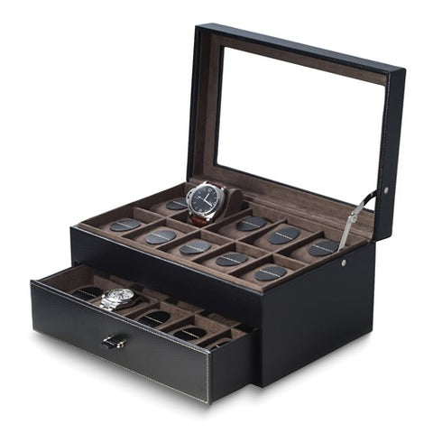Watch Storage Draw 20 Watch Storage Case, Black Leather with Glass Lid and Drawer – Gem of ...