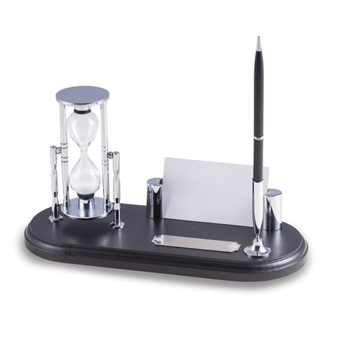 Black and Chrome Executive Desk Set with Card Holder, Pen and Hour Glass