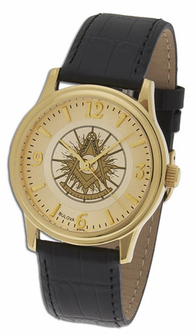Bulova Past Master Masonic Watch, Goldtone Stainless Steel with Leather Strap