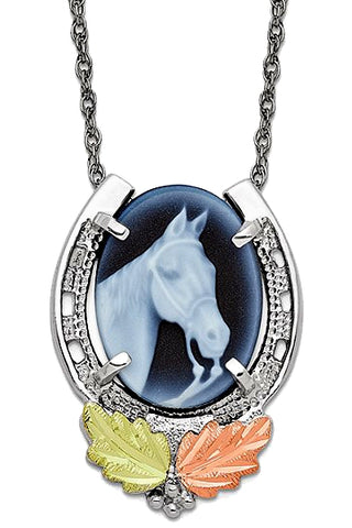 Beautiful Horse Blue Agate Cameo encased in a Landstrom's Black Hills Silver Horseshoe Pendant