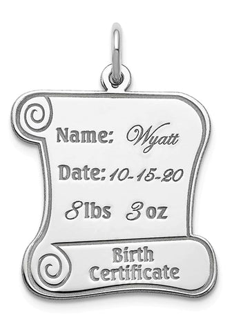 Custom Engraved Birth Certificate Charm, Sterling Silver, Personalized
