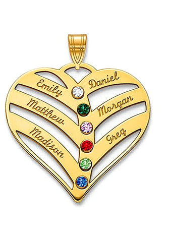Custom Made Mother's Heart Pendant with Names and Birthstones, Sterling Silver or Gold Plate