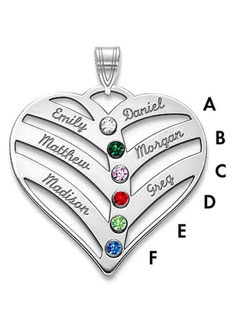 Custom Made Mother's Heart Pendant with Names and Birthstones, Sterling Silver or Gold Plate