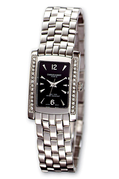 Charles-Hubert Paris Ladies Swarovski Crystal Watch, Black Dial