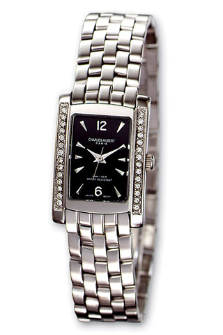 Charles-Hubert Paris Ladies Swarovski Crystal Watch, Black Dial, Stainless Steel Case XWA587
