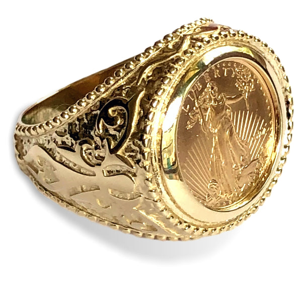 14k Yellow Gold Men's 1/10oZ Fine Liberty Gold Coin Ring | eBay