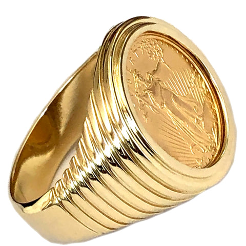 NEW DESIGN! Men's 10k Gold Coin Ring featuring a 1/10th ounce USA Walking Liberty Gold Coin