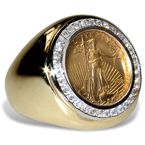 Men's Diamond and Gold Coin Ring featuring the 1/10th ounce USA Walking Liberty Coin