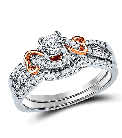 Hidden Blush Twin Hearts Diamond Bridal Set, 1/3rd carat total weight, White and Rose 10k Gold