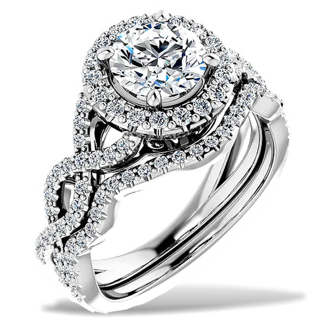 Infinity Halo Diamond Engagement Ring and Wedding Band, Over 1 carat total diamond weight