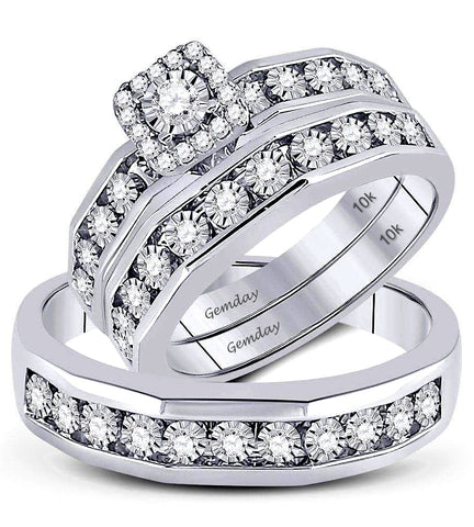 Diamond Halo Wedding Set with Matching Men's Diamond Ring