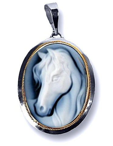 Magnificent Horse Cameo in Blue Agate, Sterling Silver Pendant