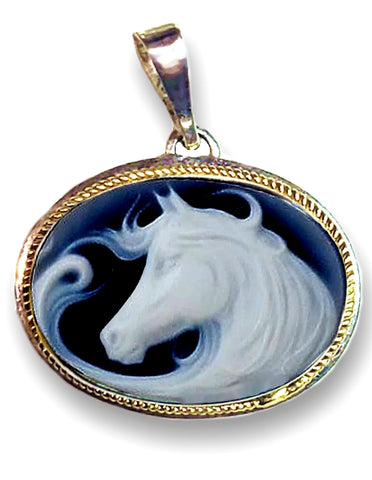 Free Spirit Horse Blue Agate Cameo Pendant, Sterling Silver with 14k Gold Accents