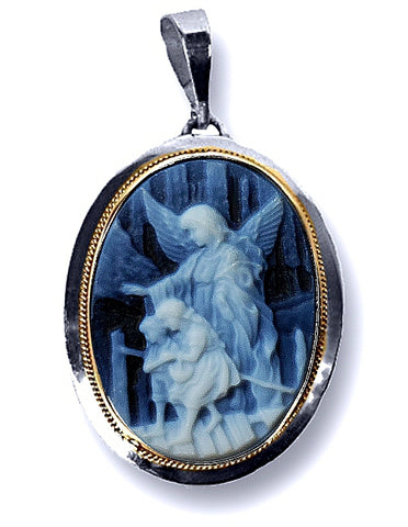 Guardian Angel Watching Over Children Blue Agate DiVinci Cameo Pendant