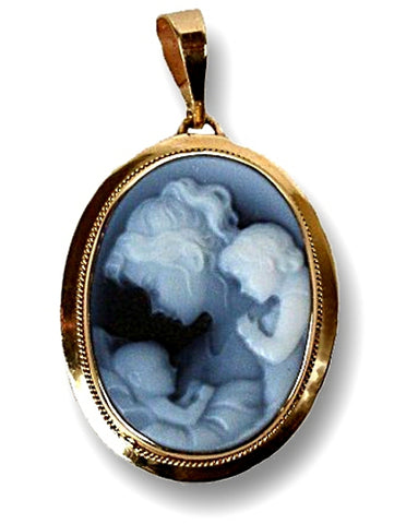 Mother and Two Children Blue Agate Cameo Pendant , 14k Gold Pendant Setting