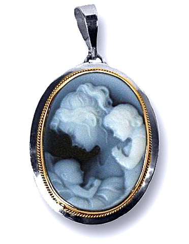 Mother and Two Children Blue Agate Cameo Pendant in a Sterling Silver Frame