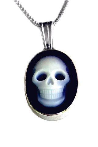 Genuine Black and White Skull Design Agate Cameo in a Tiny Pendant with a Sterling Silver Frame & Chain