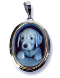 Puppy Dog Blue Agate Cameo Pendant in a Sterling Silver Frame